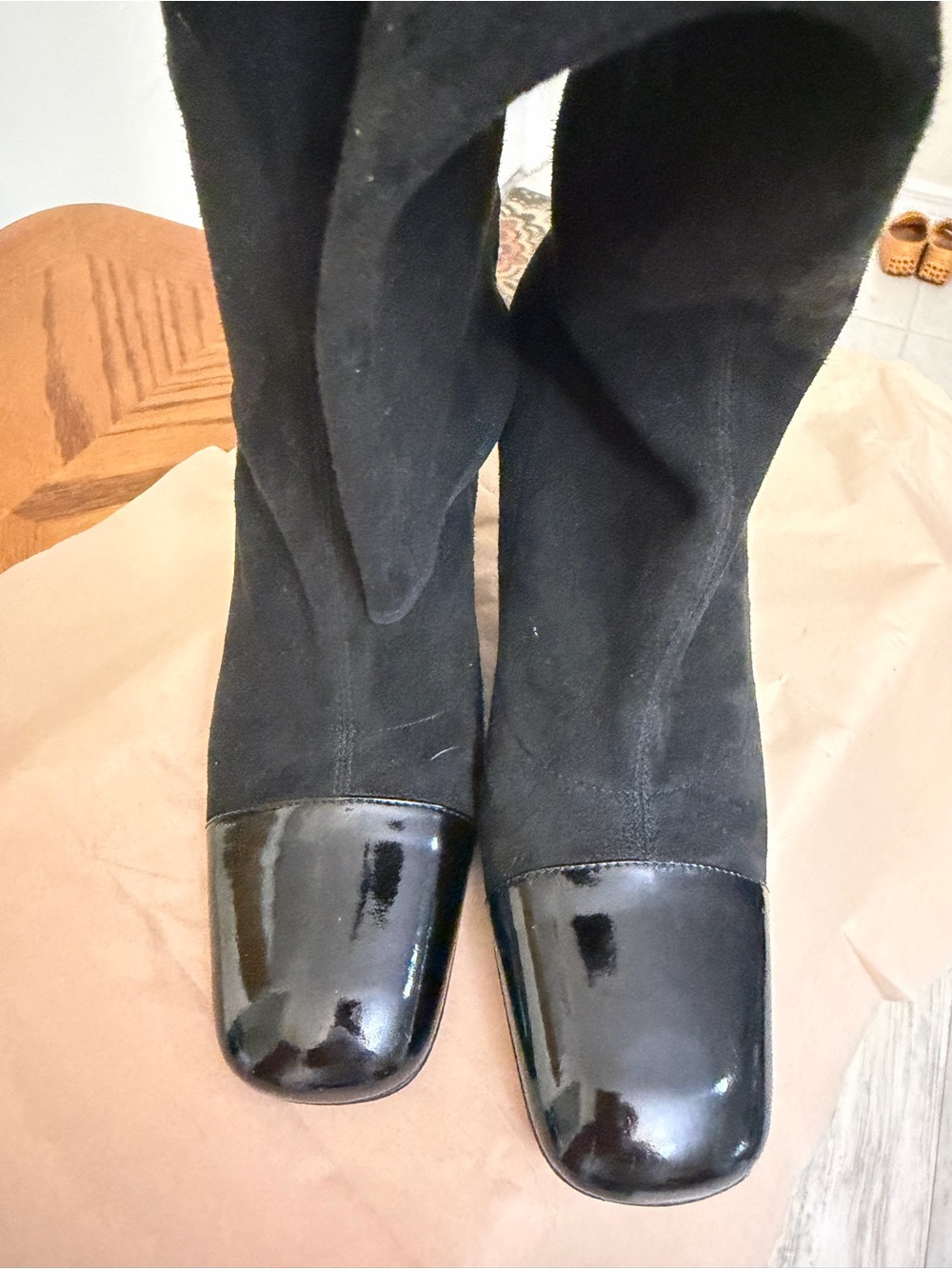 CHANEL Vintage Authentic Black Suede knee high 36/6 Boots with Patent Cap Toe